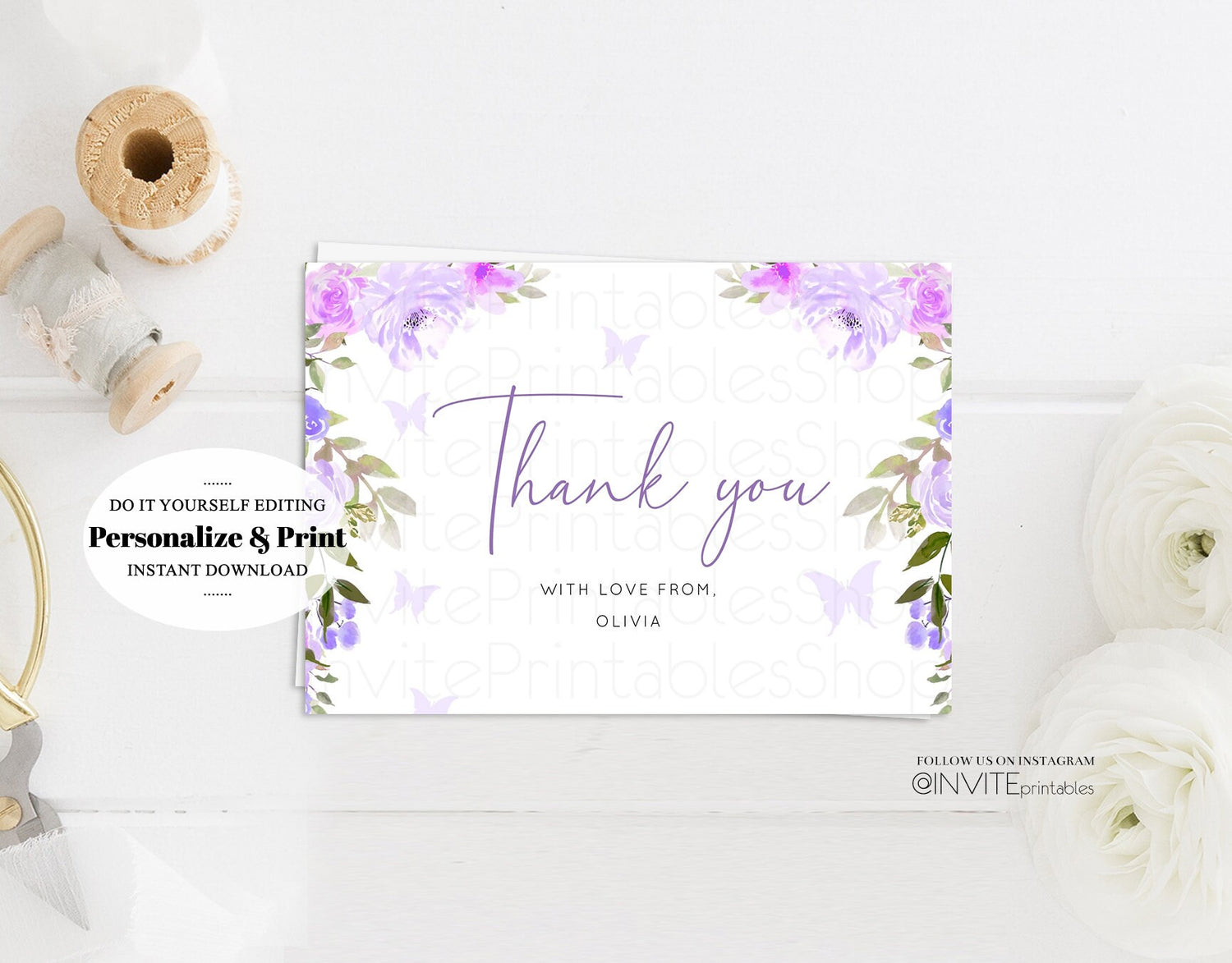 Editable Floral Thank You Card Watercolor Purple Butterflies Flowers Modern