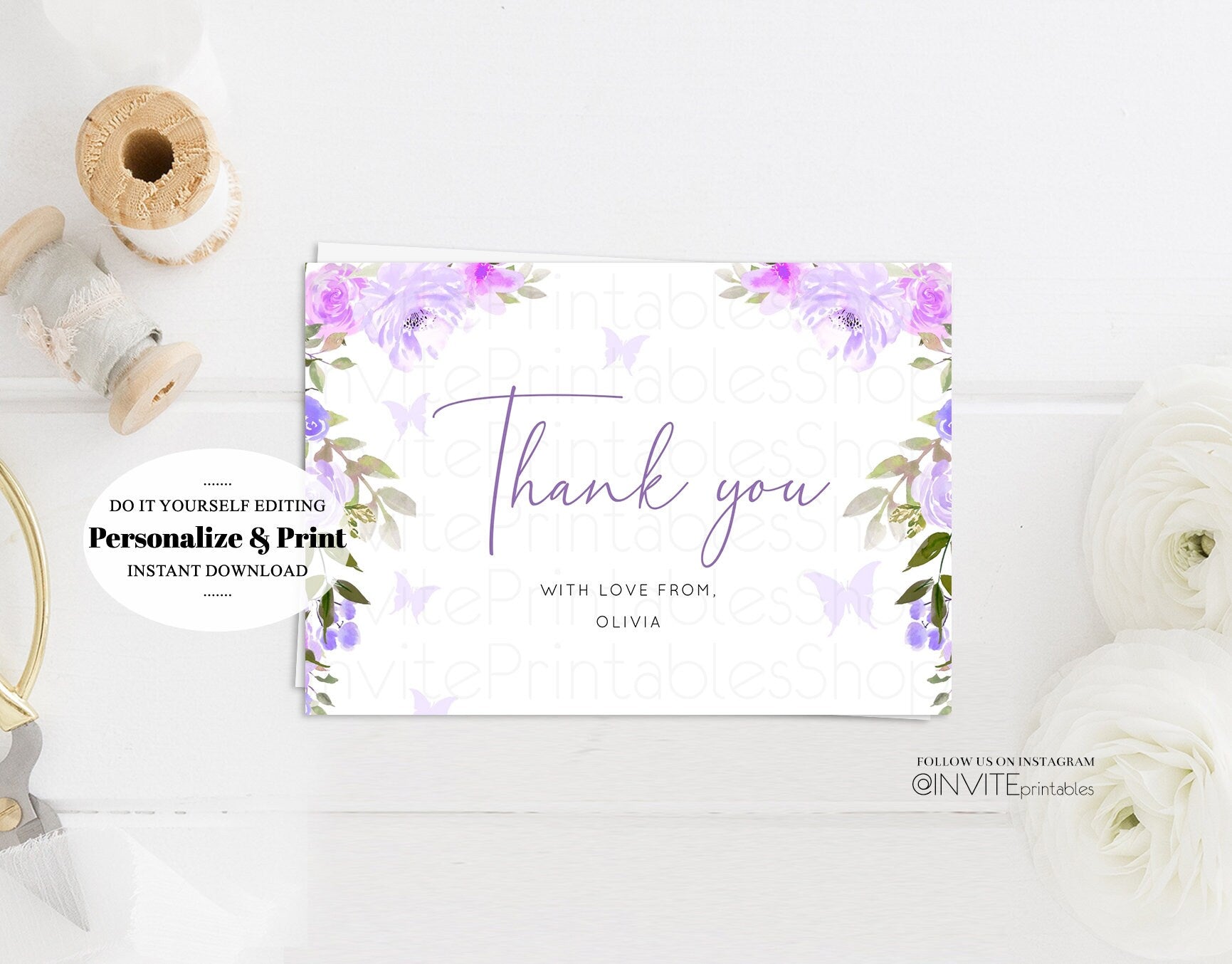 Editable Floral Thank You Card Watercolor Purple Butterflies Flowers Modern