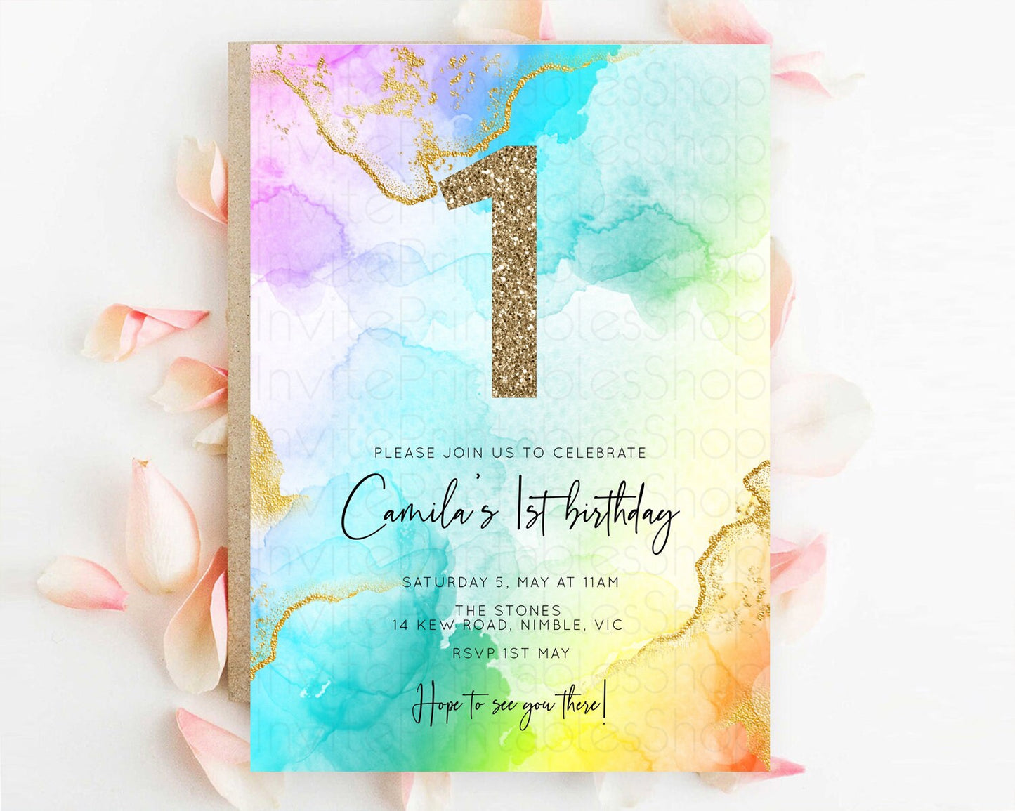Rainbow Birthday Invitation Colorful Pastel Watercolor Invitation Gold Glitter Sprinkles Ombre Pastel 1st 2nd 3rd Birthday D10390