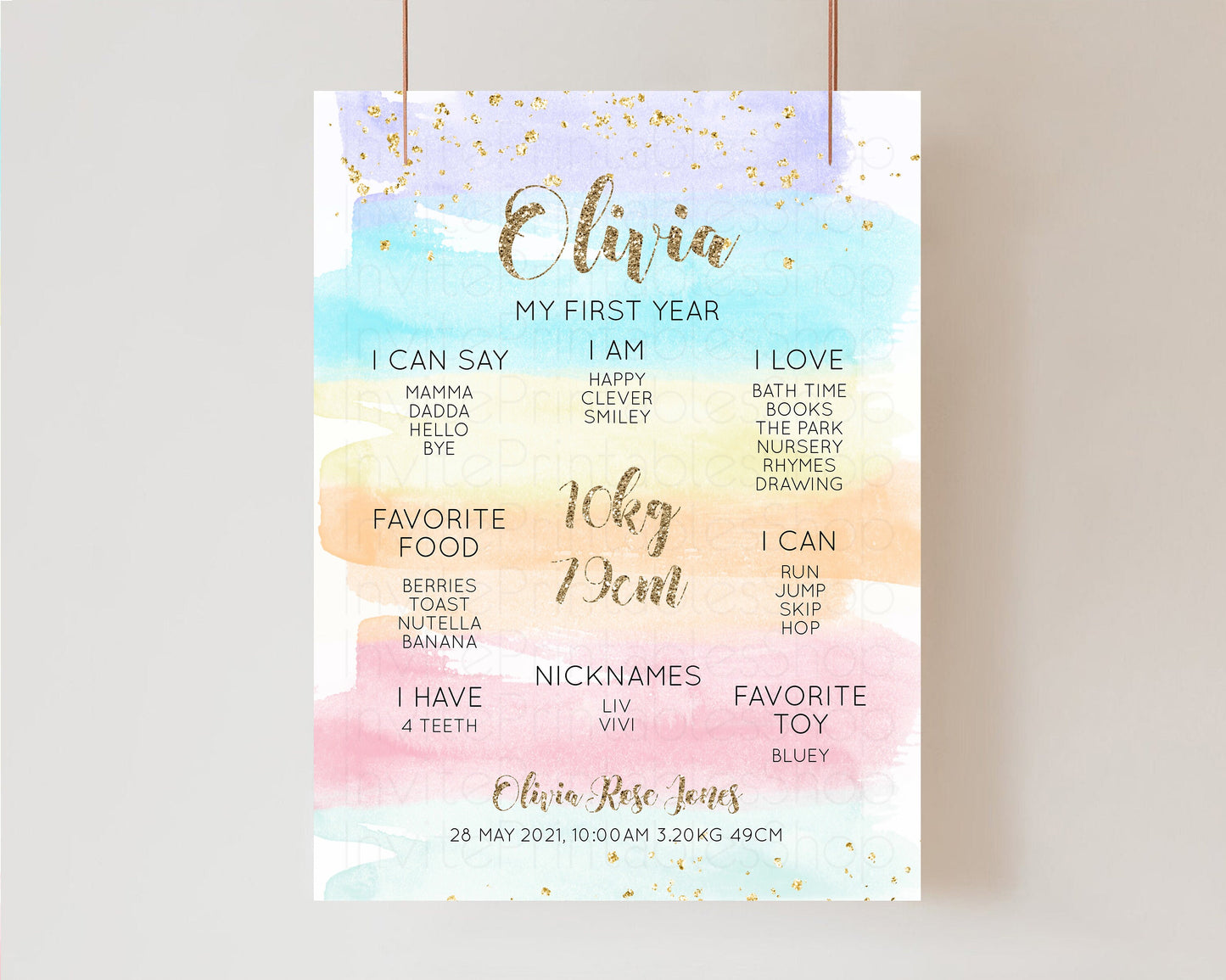 Pastel First Birthday Milestone Board Pastel Rainbow Milestone Poster Watercolor  Glitter One Year Poster Colorful Splash Baby 1st Year 525