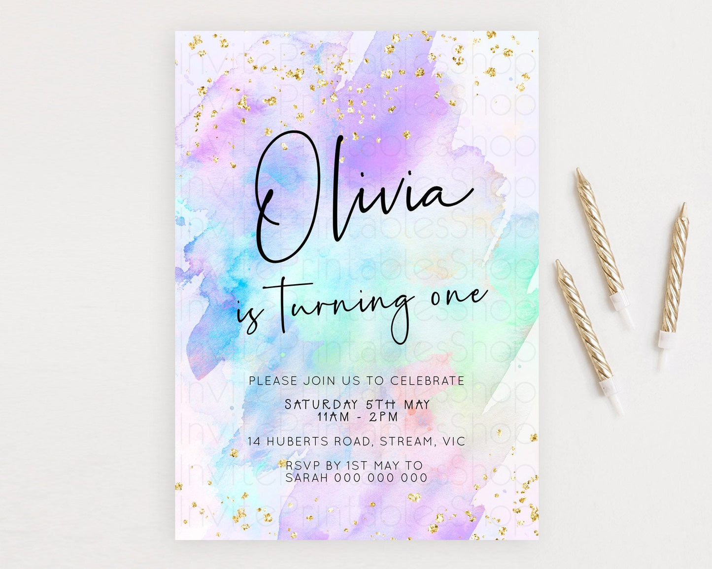 Pastel Birthday Invitation Ombre Watercolor Birthday Invitation Glitter Rainbow Color Splash 1st 2nd 3rd Birthday Invitation D23060