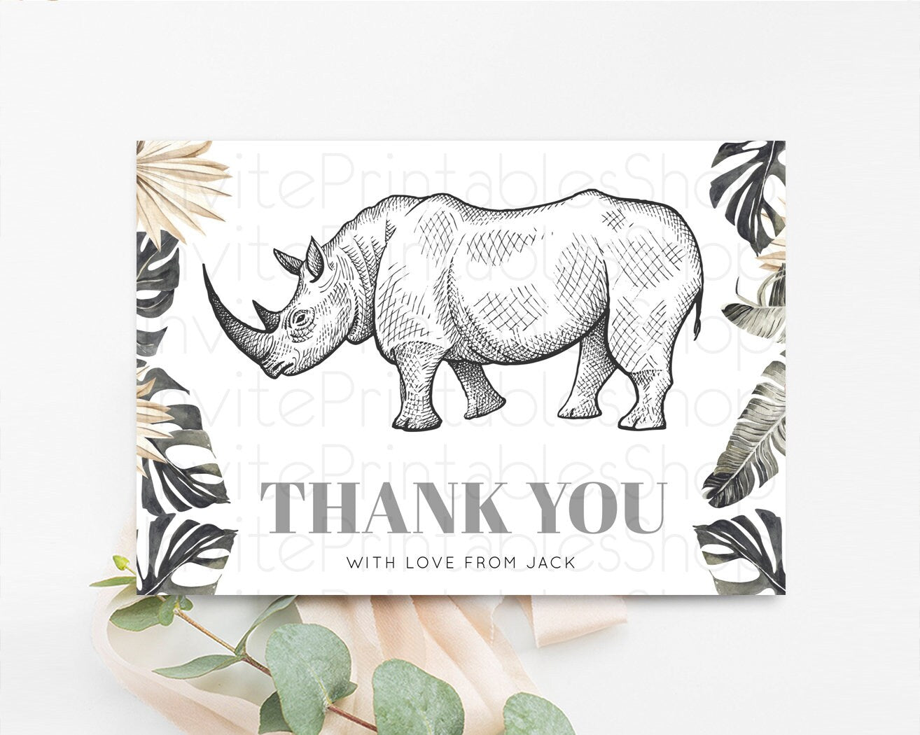 Rhinoceros Thank You Card Dried Palm Fern Wild One Safari Jungle Zoo Foldable Card Tent Flat Postcard Detail Insert Card Birthday p269