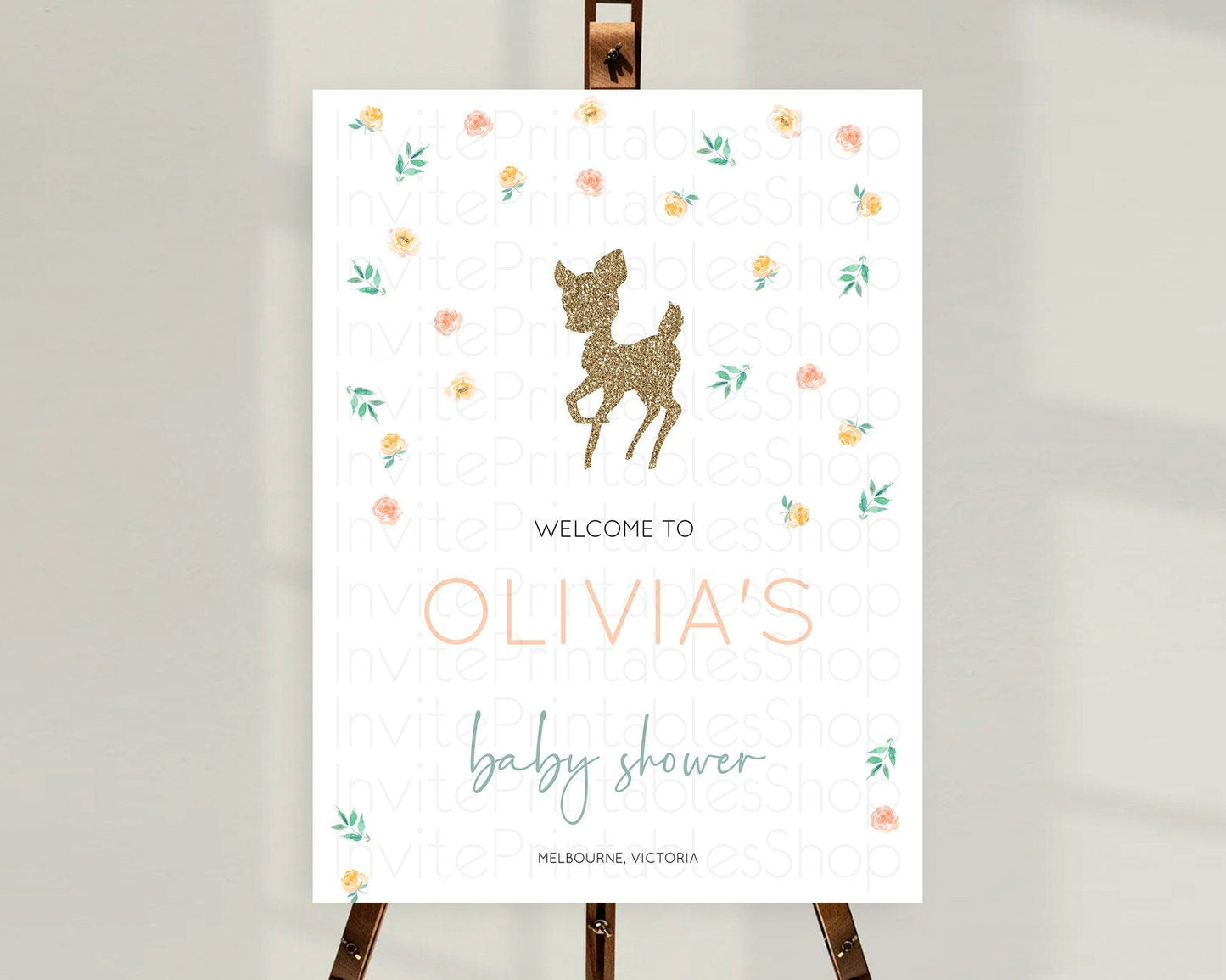 Fawn Baby Shower Welcome Sign Deer Welcome Board Floral Deer Welcome Poster Enchanted Forest Butterfly Pastel Floral Welcome Sign D10355