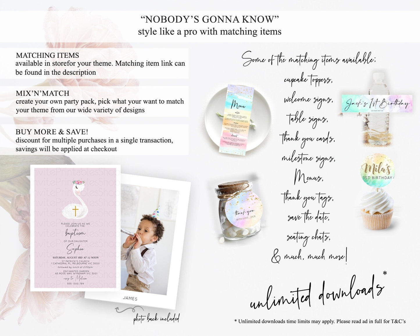 Swan Lake Baptism Invitation Swan Princess Ballet Baptism 1st Birthday Enchanted Forest Secret Garden Watercolour Pastel Floral D10758