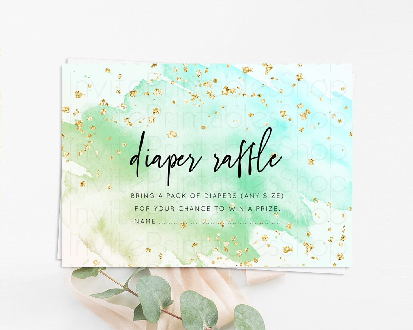 Green Diaper Raffle Card Green Watercolor Diaper Raffle Insert Pastel Green Baby Shower Diaper Ticket Splash Green Raffle Game D10170