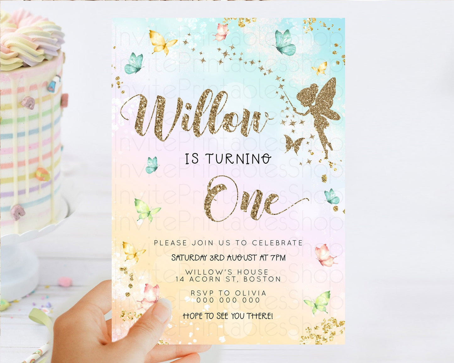 Pastel Fairy Birthday Invitation Pastel Butterflies Fairy Birthday Invitation Rainbow Ombre Watercolor 1st 2nd Birthday Invitation D23152