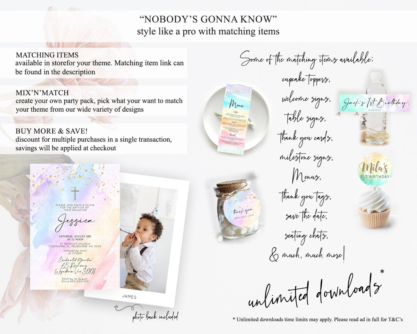 Pastel Baptism Invitation Pastel Colors Watercolor Baptism 1st Birthday Party Gold Ombre Pastel Rainbow Christening Holy Communion D10635