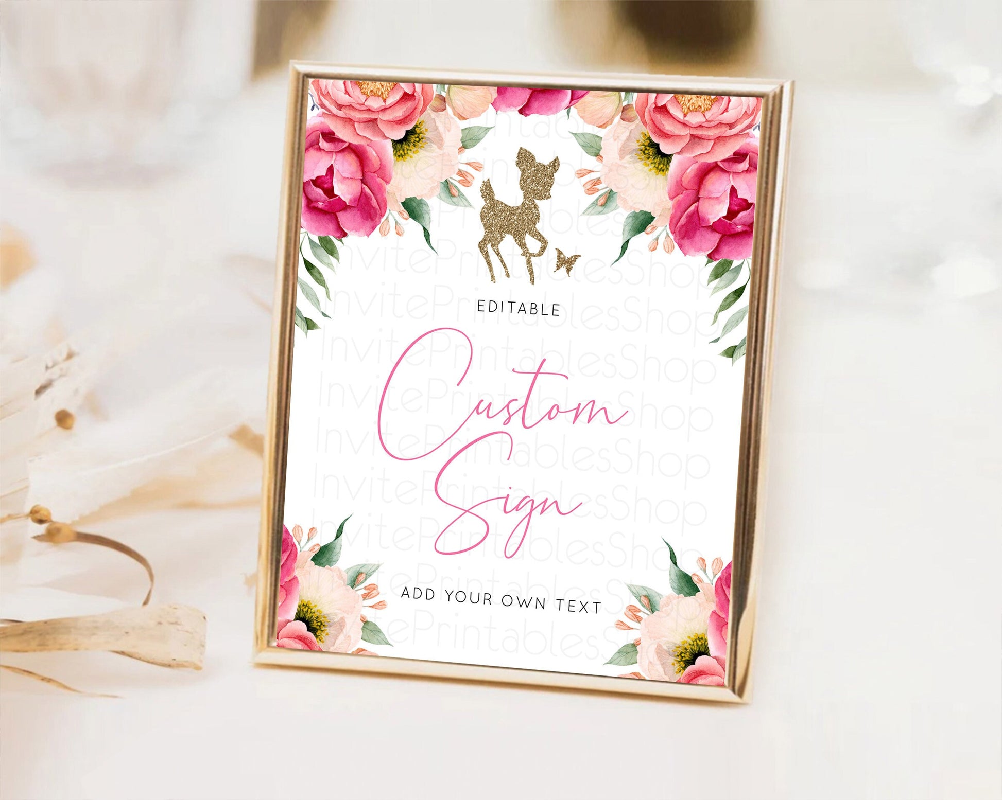 Editable Fawn Deer Sign Pastel Floral Deer Table Sign Decor Enchanted Forest