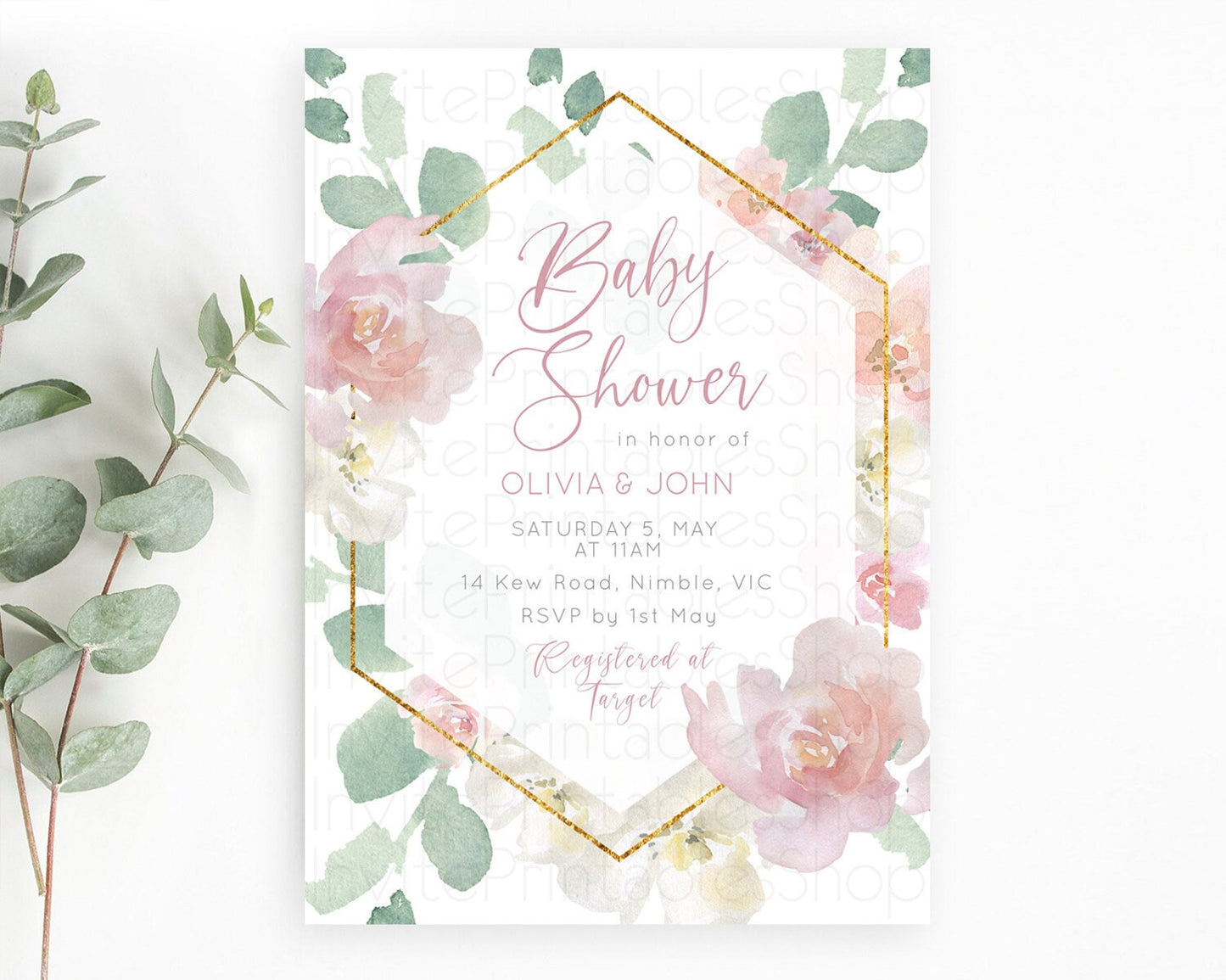 Enchanted Garden Baby Shower Invitation, Wildflower, Blooms with Pastel Pink Flowers, Elegant Gold Accents - Floral Botanical Theme D11032