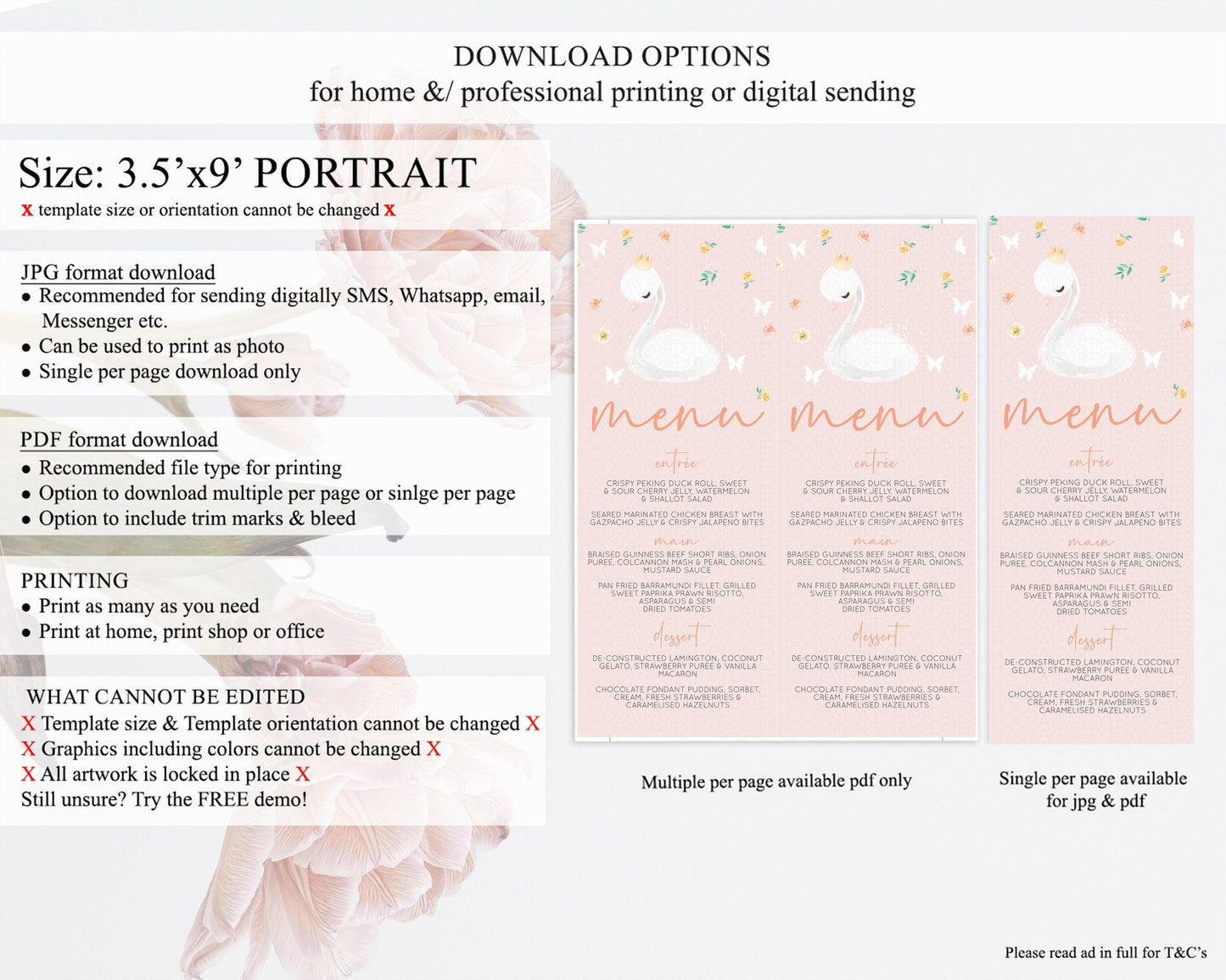 Swan Menu Swan Princess Ballet Menu Template Enchanted Swan Lake Table Decor Secret Garden Pastel Floral Dinner Dessert Food Menu D10388