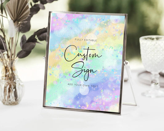 Editable Colorful Ombre Table Sign Decor Pastel Rainbow Watercolor Iridescen