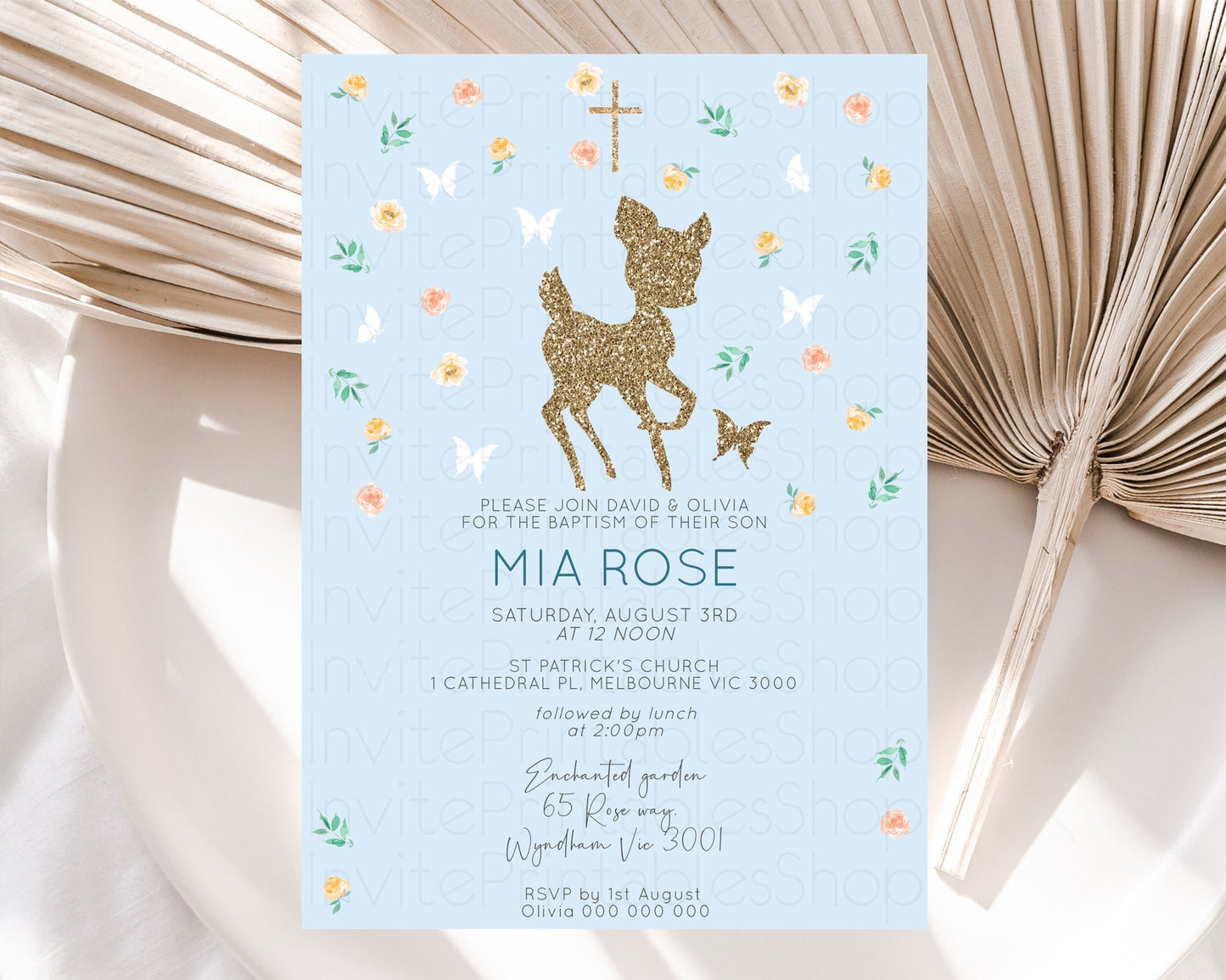 Fawn Baptism Invitation Deer Baptism 1st Birthday Invitation Enchanted Forest Christening Invitation Pastel Garden Butterfly Floral D10902