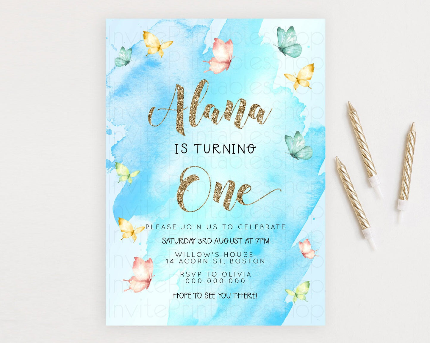 Blue Birthday Invitation Blue Watercolor Invitation Pastel Blue Watercolor Invitation Blue Splash Gold Invitation 1st First Birthday D23260