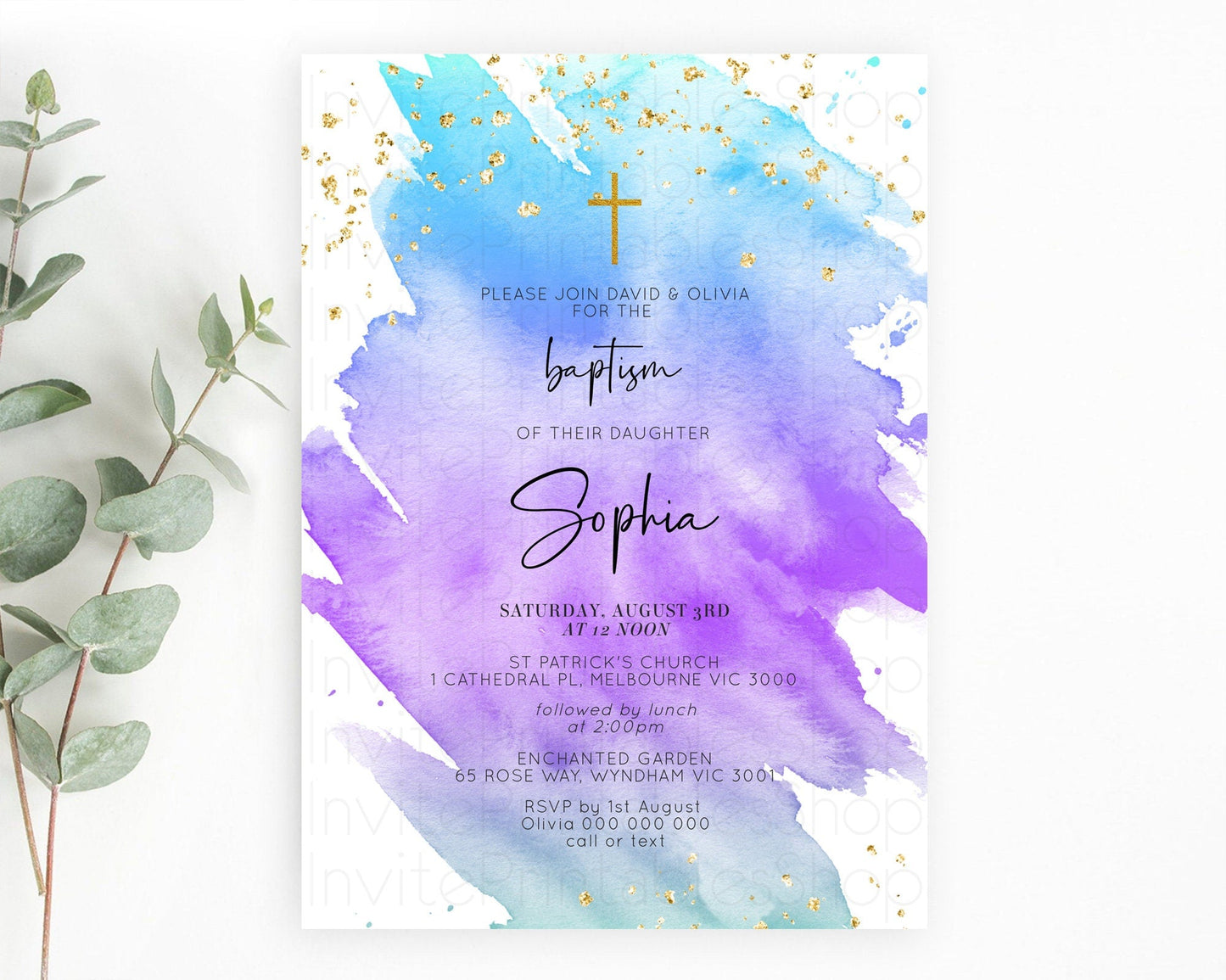 Pastel Baptism Invitation Pastel Colors Watercolor Baptism 1st Birthday Party Gold Ombre Pastel Rainbow Christening Holy Communion D10491