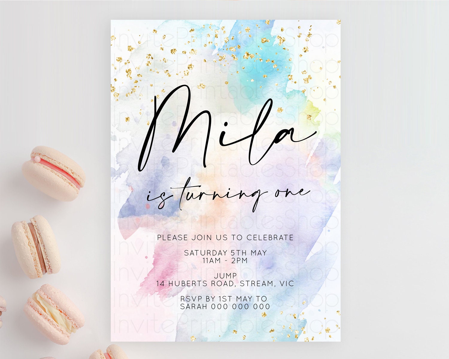 Editable Rainbow Birthday Invitation Colorful Pastel Watercolor Invitation G