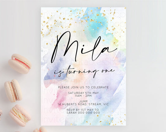 Editable Rainbow Birthday Invitation Colorful Pastel Watercolor Invitation G