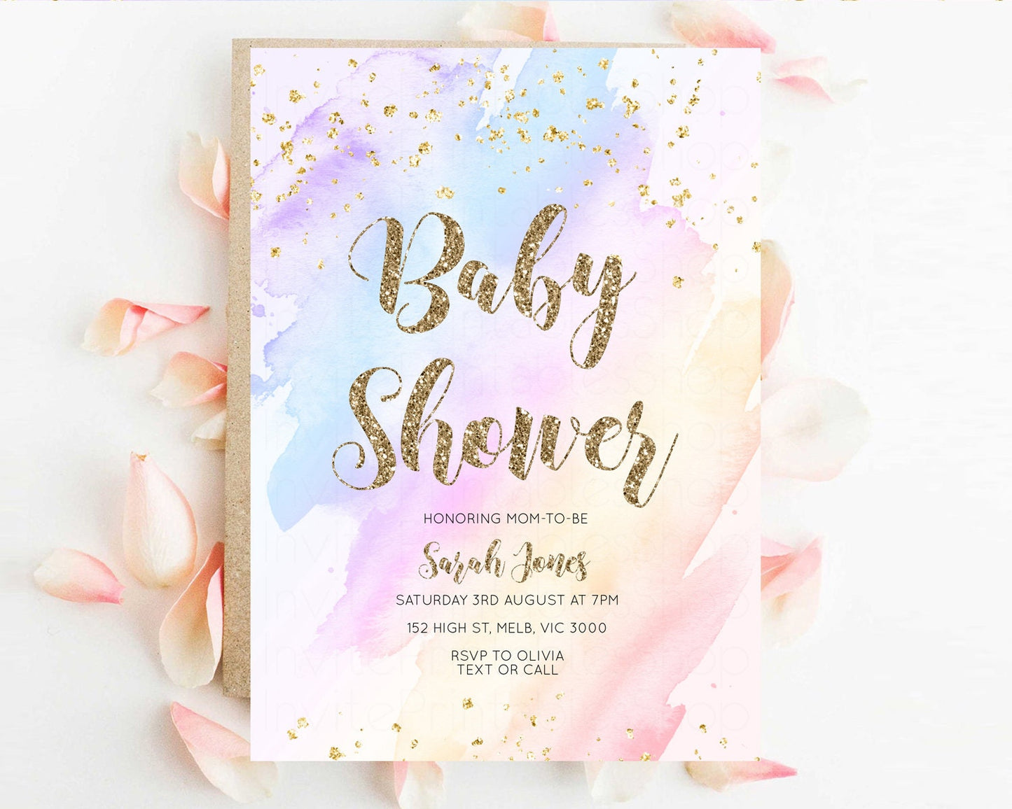 Rainbow Baby Shower Invitation Pastel Baby Shower Invitation Watercolor Ombre Invitation Rainbow Pastel Colors Invite Glitter Confetti g600