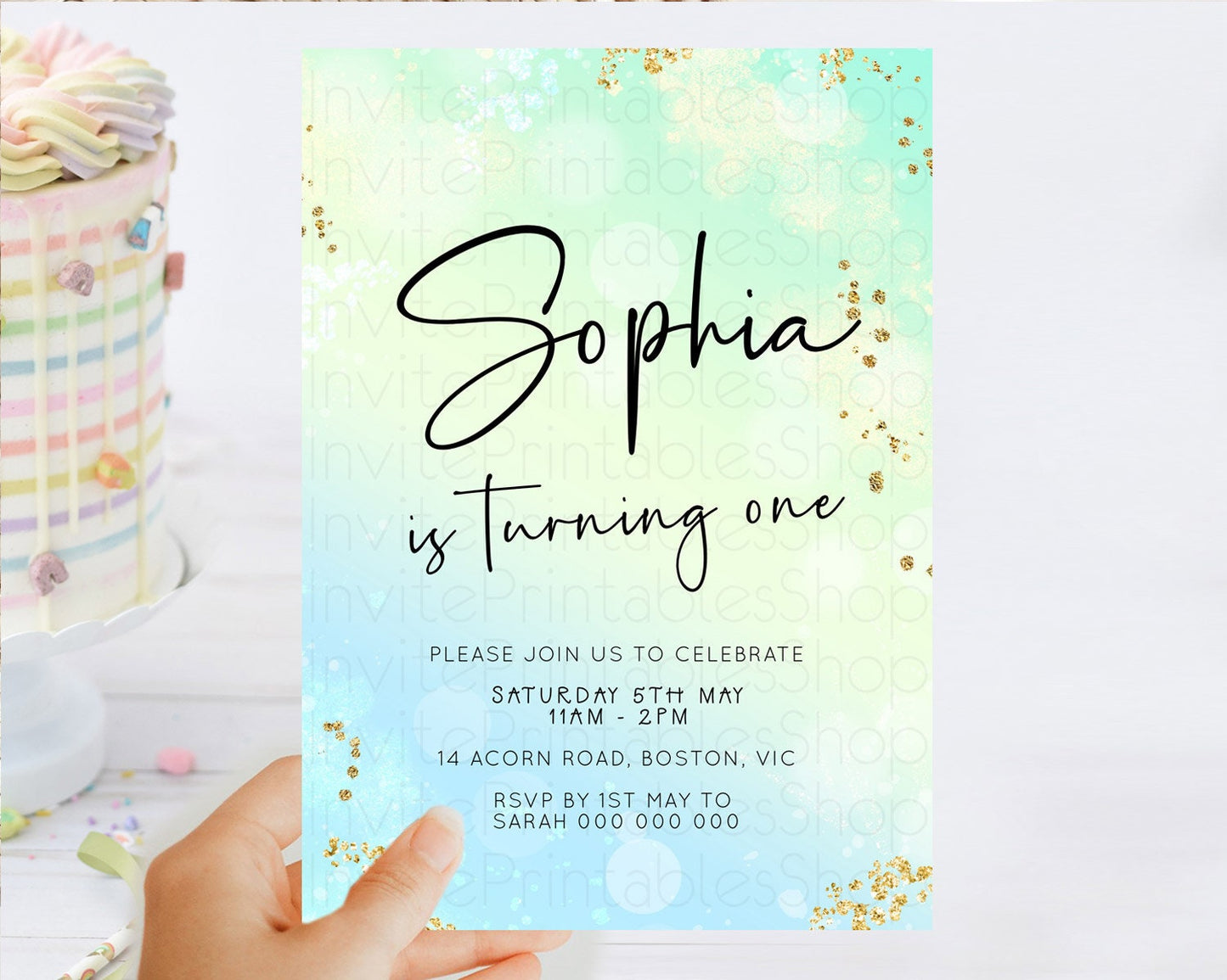 Green Birthday Invitation green Watercolor Invitation Pastel green Watercolor Invitation green Splash Gold Invitation First Birthday D23096