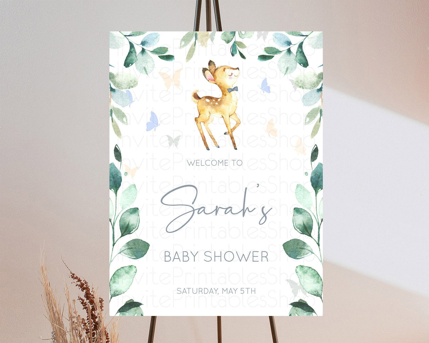 Fawn Baby Shower Welcome Sign Deer Welcome Board Floral Deer Welcome Poster Enchanted Forest Butterfly Pastel Floral Welcome Sign D10767