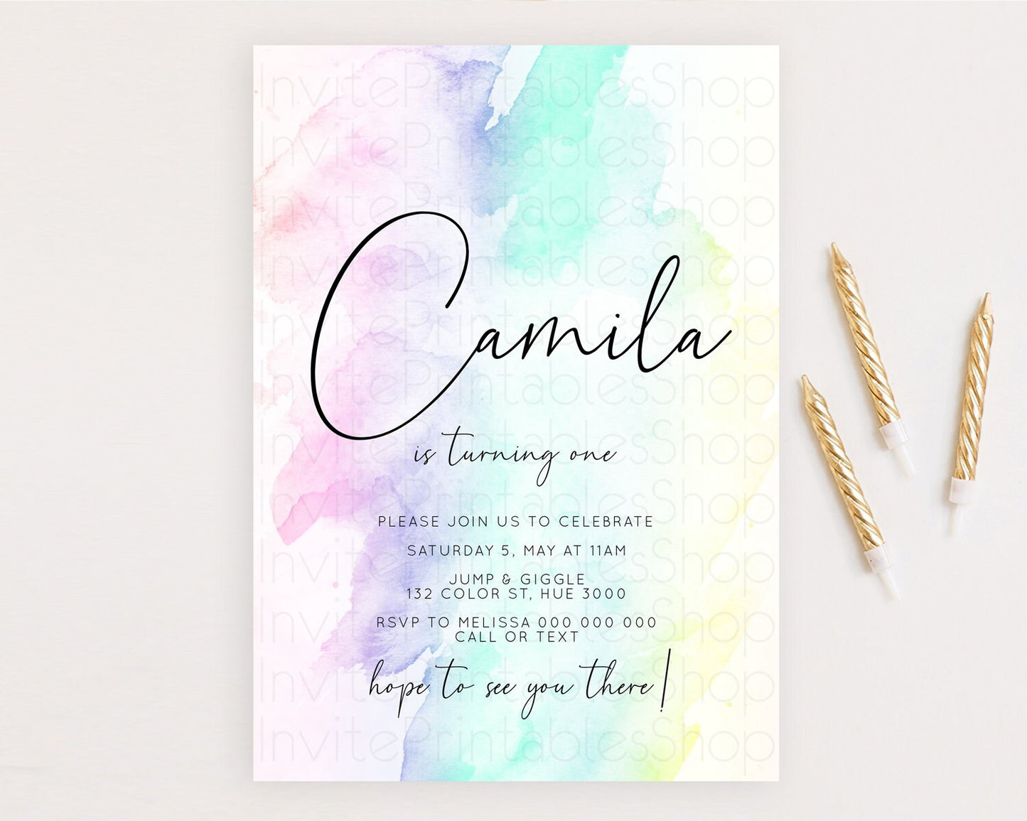 Rainbow Birthday Invitation Colorful Pastel Watercolor Invitation Gold Glitter Sprinkles Ombre Pastel 1st 2nd 3rd Birthday D10231