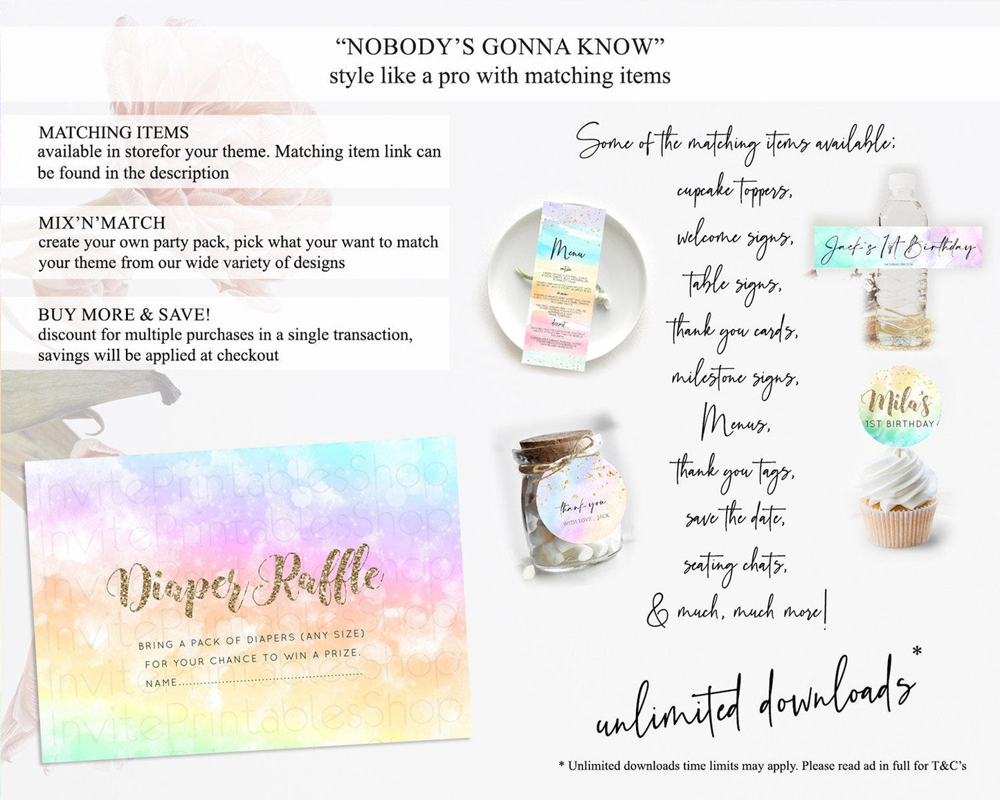 Pastel Diaper Raffle Card Pastel Rainbow Diaper Raffle Insert Colorful Ombre Watercolor Diaper Ticket Confetti Glitter Raffle Game D10648