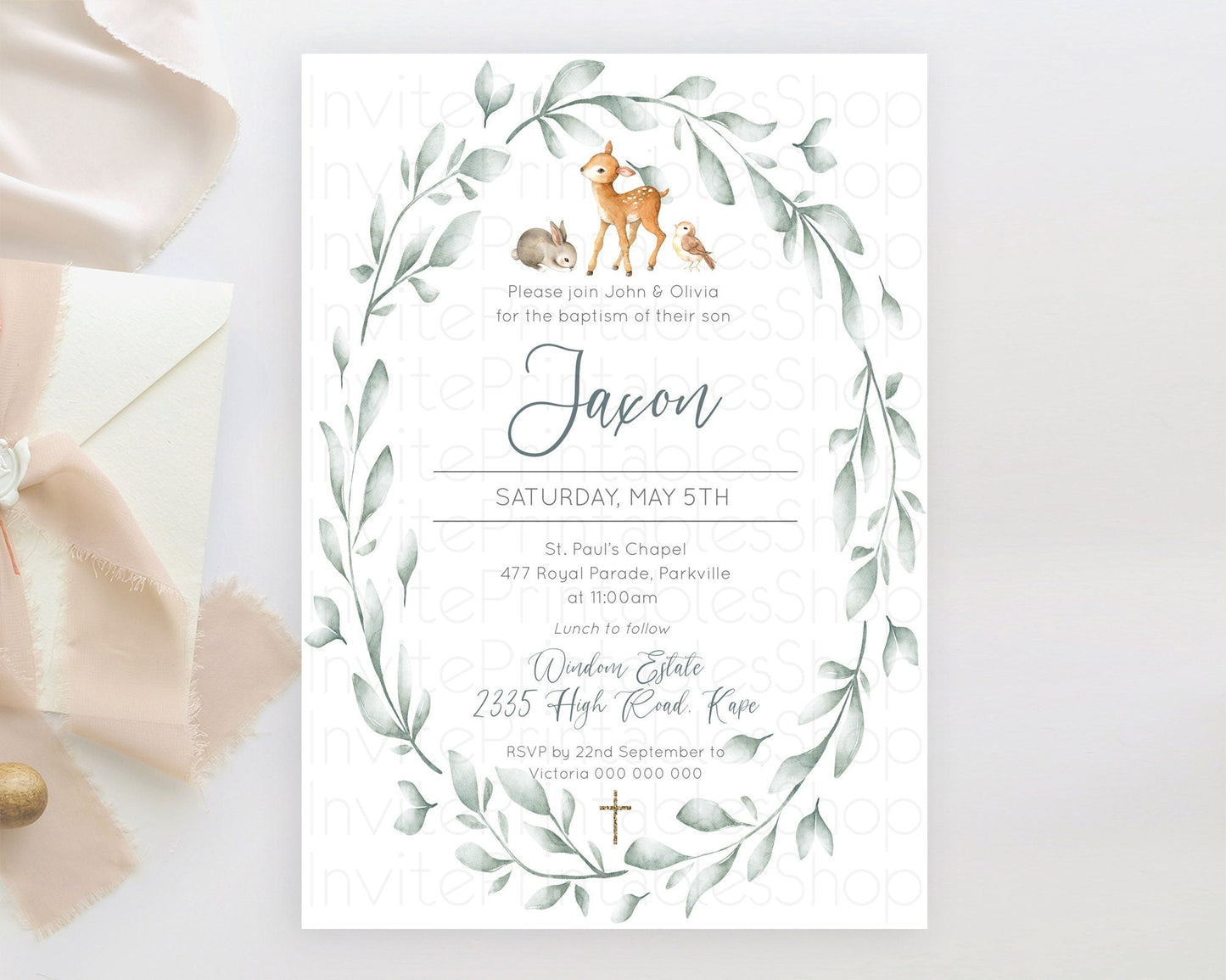 Fawn Baptism Invitation Deer Baptism 1st Birthday Invitation Enchanted Forest Christening Invitation Pastel Garden Butterfly Floral D10872