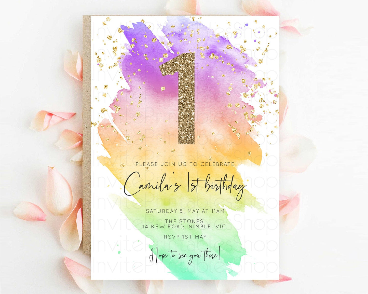 Rainbow Birthday Invitation Colorful Pastel Watercolor Invitation Gold Glitter Sprinkles Ombre Pastel 1st 2nd 3rd Birthday D10518