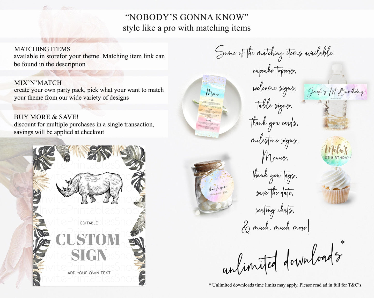 Rhino Sign Safari Table Sign Decor Rhino Party Sign Template Safari Adventure Rhino Minimal Theme 1st Birthday Baptism Baby Shower D10826