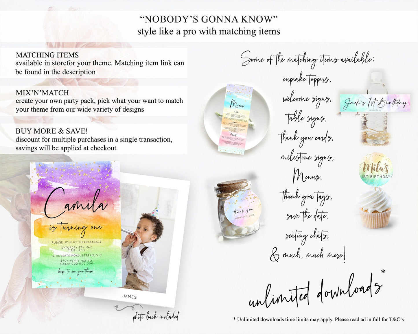 Rainbow Birthday Invitation Colorful Pastel Watercolor Invitation Gold Glitter Sprinkles Ombre Pastel 1st 2nd 3rd Birthday D10524