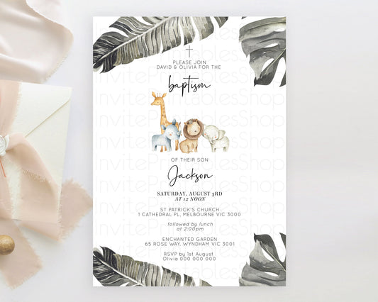 Safari Baptism Invitation Safari Adventure Baptism Birthday Invitation Lion Gorilla Elephant Rhino Tropical Palm Jungle Adventure D10599