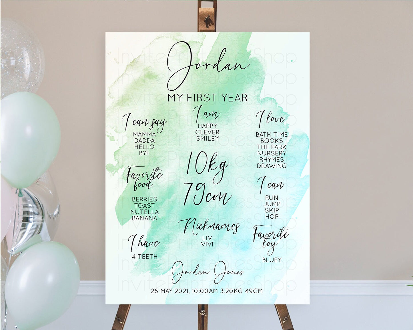 Green First Birthday Milestone Poster Green Watercolor Milestone Board Pastel Green Watercolor Splash Milestone Board 1st Birthday D10166