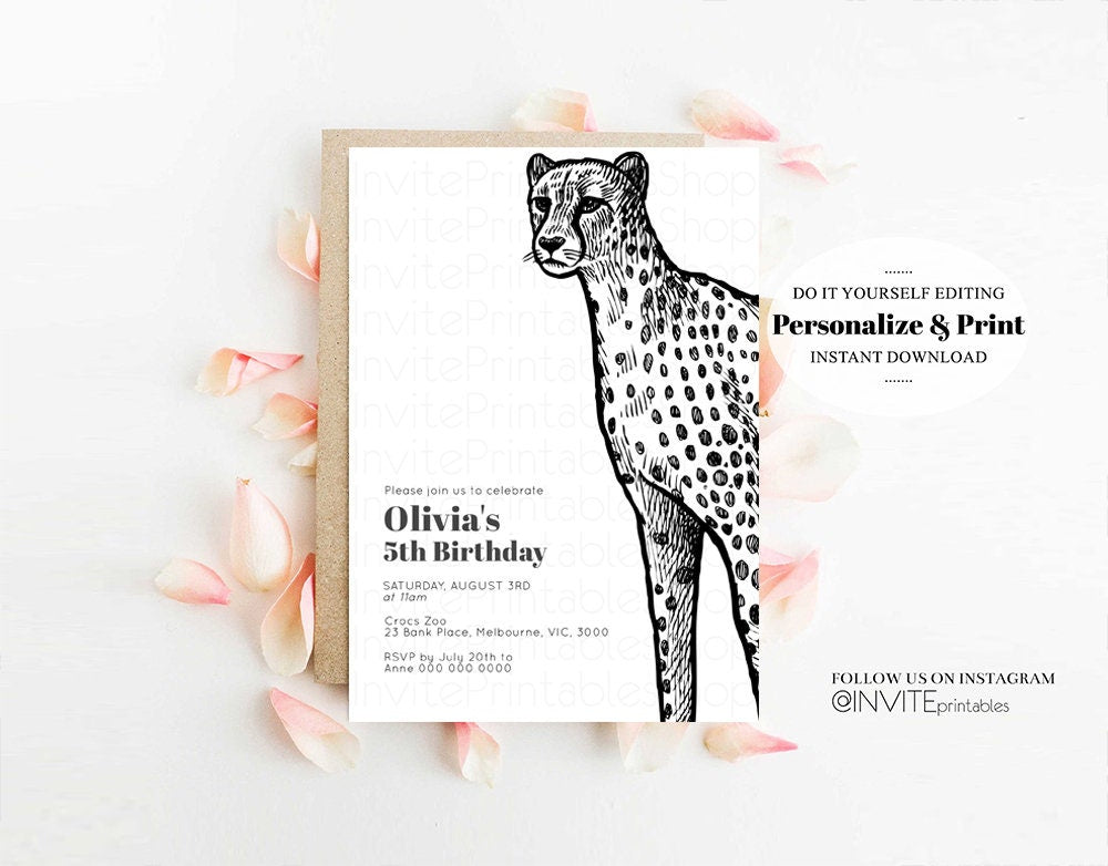 Cheetah Birthday Invitation Cheetah Invite Jungle Safari invite Watercolor Tropical Palm Invite Adventure Zoo Party Wild Animal Party