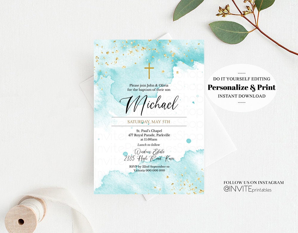 Blue Gold Watercolor Baptism Invitation Pastel Splash Christening Invitation Glitter Sprinkles Invite Cross Holy Communion