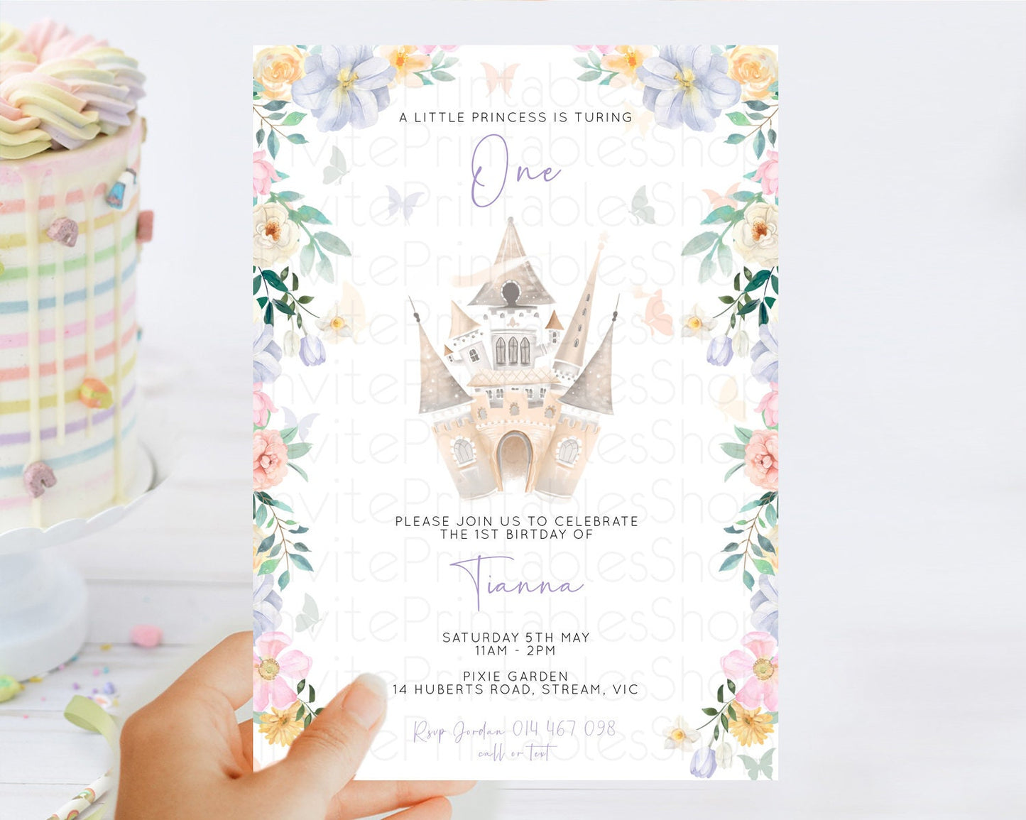 Princess Birthday Invitation Castle Invitation Royal Birthday Fairy Tale Enchanted Castle Pastel Floral Garden 1st First Birthday D10473