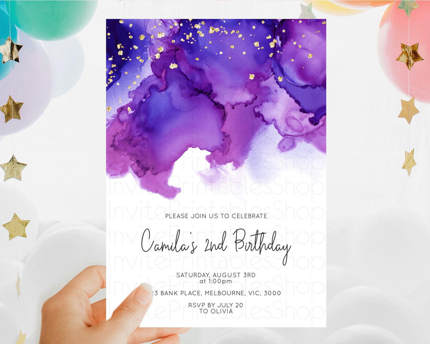 Purple Birthday Invitation Purple Watercolor Invite Pastel Purple Watercolor Invitation Purple Splash Gold Invitation First Birthday D11068