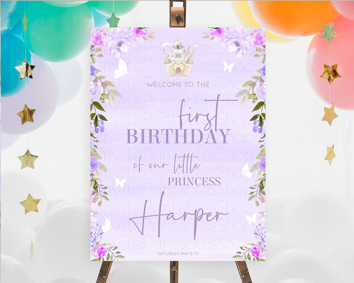 Princess Birthday Welcome Sign Pastel Princess Welcome Board Pastel Rainbow Colorful Enchanted Castle First Birthday Welcome Sign D10339