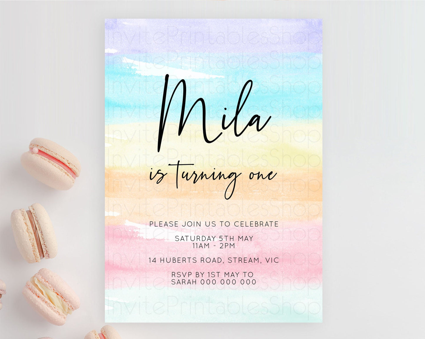 Rainbow Birthday Invitation Colorful Pastel Watercolor Invitation Gold Glitter Sprinkles Ombre Pastel 1st 2nd 3rd Birthday D10505