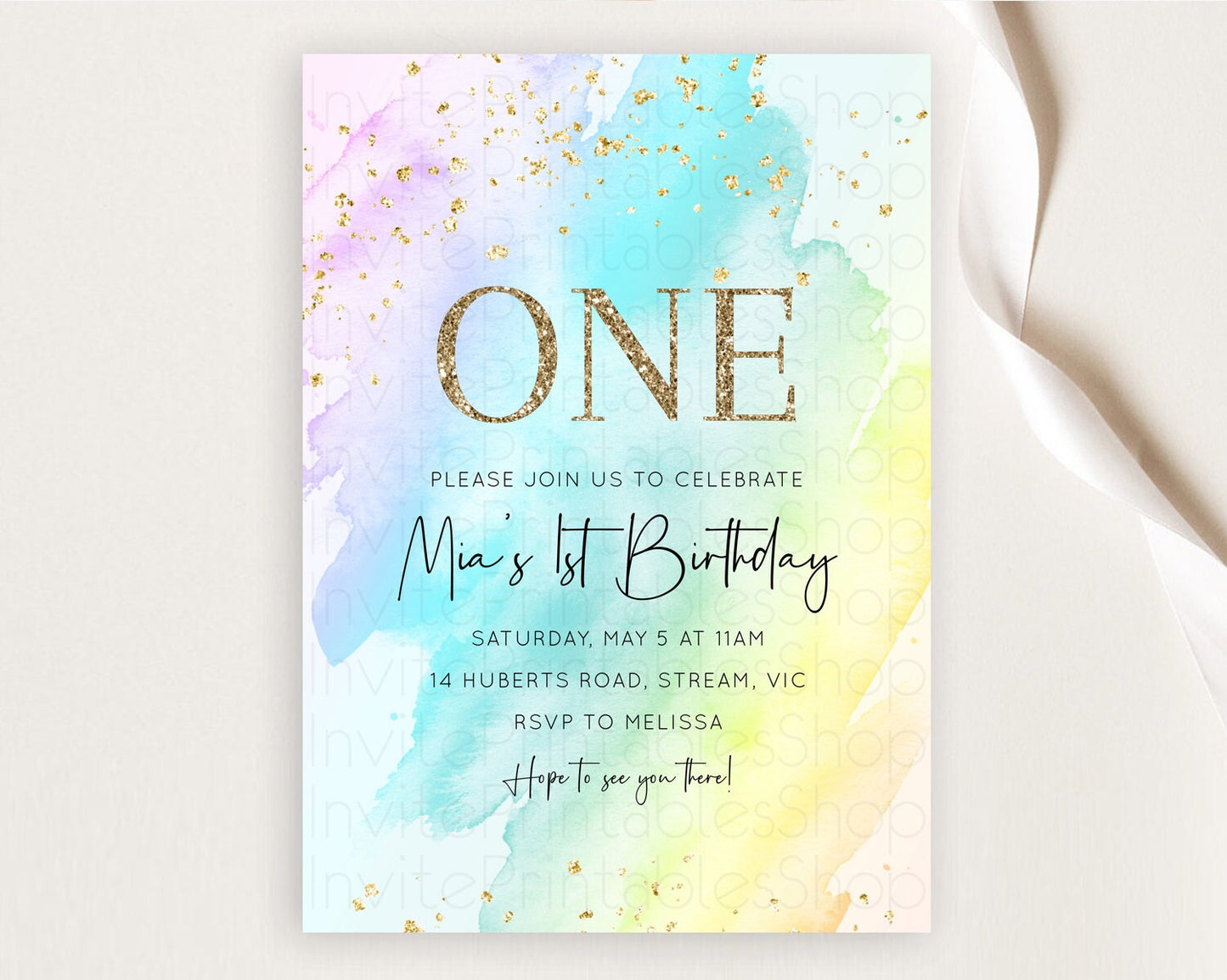 Rainbow Birthday Invitation Colorful Pastel Watercolor Invitation Gold Glitter Sprinkles Ombre Pastel 1st 2nd 3rd Birthday D10171
