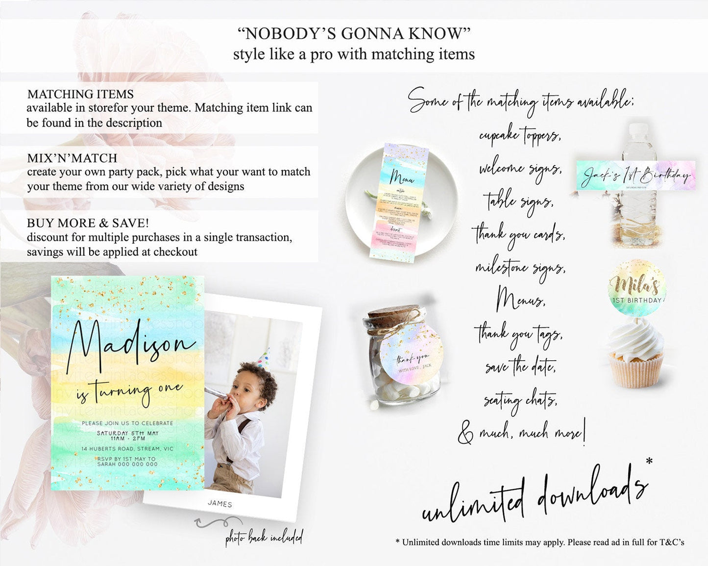 Pastel Birthday Invitation Ombre Watercolor Birthday Invitation Glitter Rainbow Color Splash 1st 2nd 3rd Birthday Invitation D23038