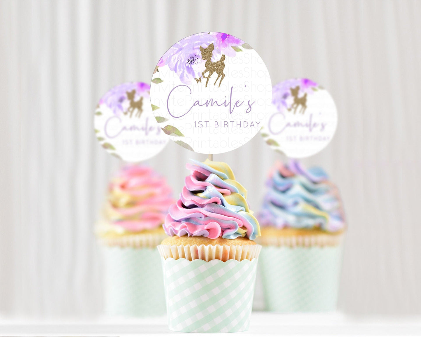 Fawn Cupcake Toppers Deer Cupcake Toppers Enchanted Forest Party Butterfly Pastel Flowers Woofland Cupcake Toppers First Birthday D10914