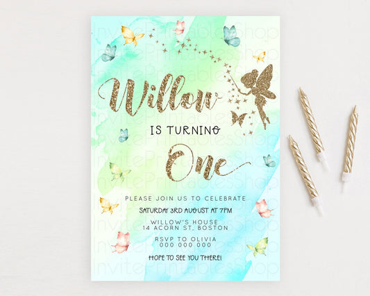 Pastel Fairy Birthday Invitation Pastel Butterflies Fairy Birthday Invitation Rainbow Ombre Watercolor 1st 2nd Birthday Invitation D23334