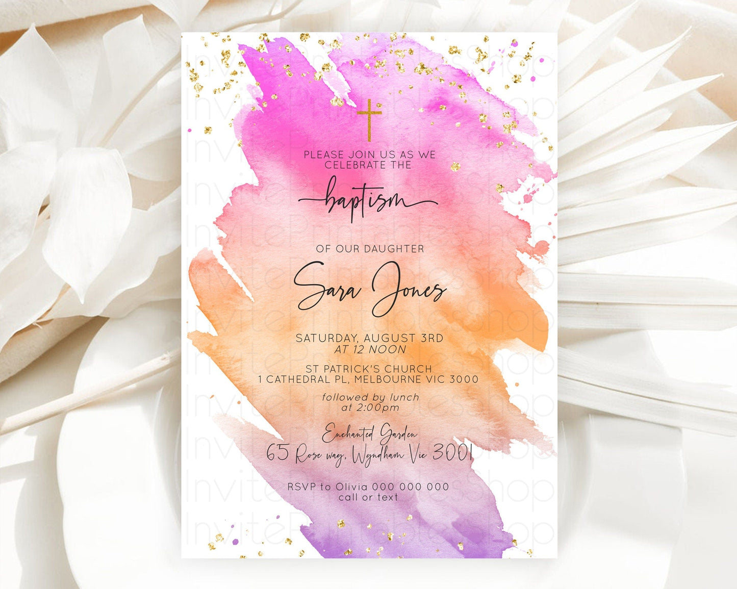 Pastel Baptism Invitation Pastel Colors Watercolor Baptism 1st Birthday Party Gold Ombre Pastel Rainbow Christening Holy Communion D10488