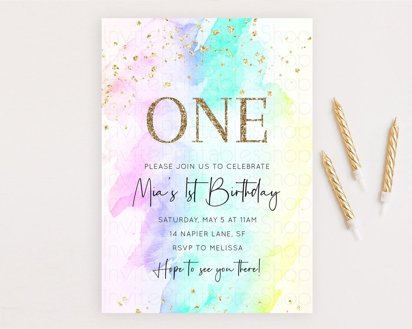 Rainbow Birthday Invitation Colorful Pastel Watercolor Invitation Gold Glitter Sprinkles Ombre Pastel 1st 2nd 3rd Birthday D10231