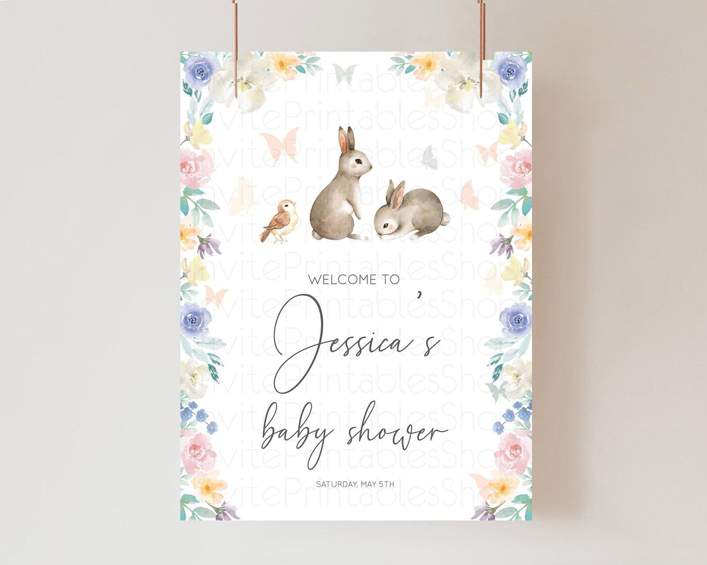 Bunny Baby Shower Welcome Sign Floral Bunny Welcome Board Pastel Flowers Woodland Bunny Welcome Poster Forest Bunny Welcome Sign D10928