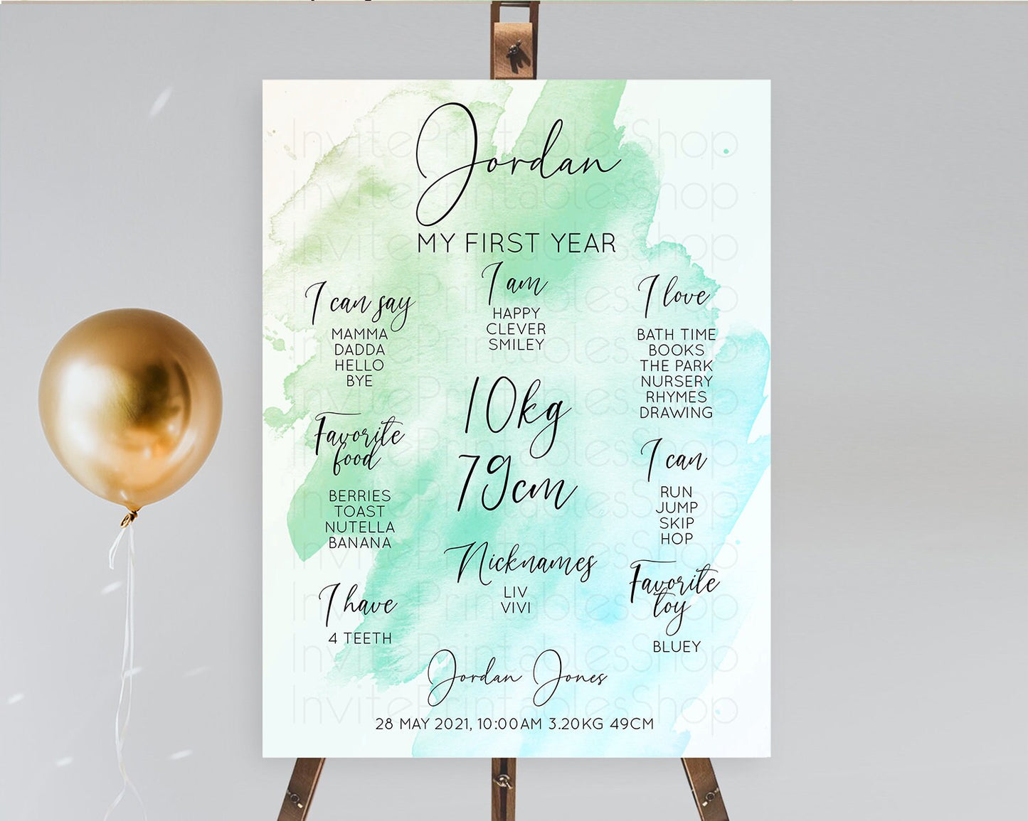 Green First Birthday Milestone Poster Green Watercolor Milestone Board Pastel Green Watercolor Splash Milestone Board 1st Birthday D10166