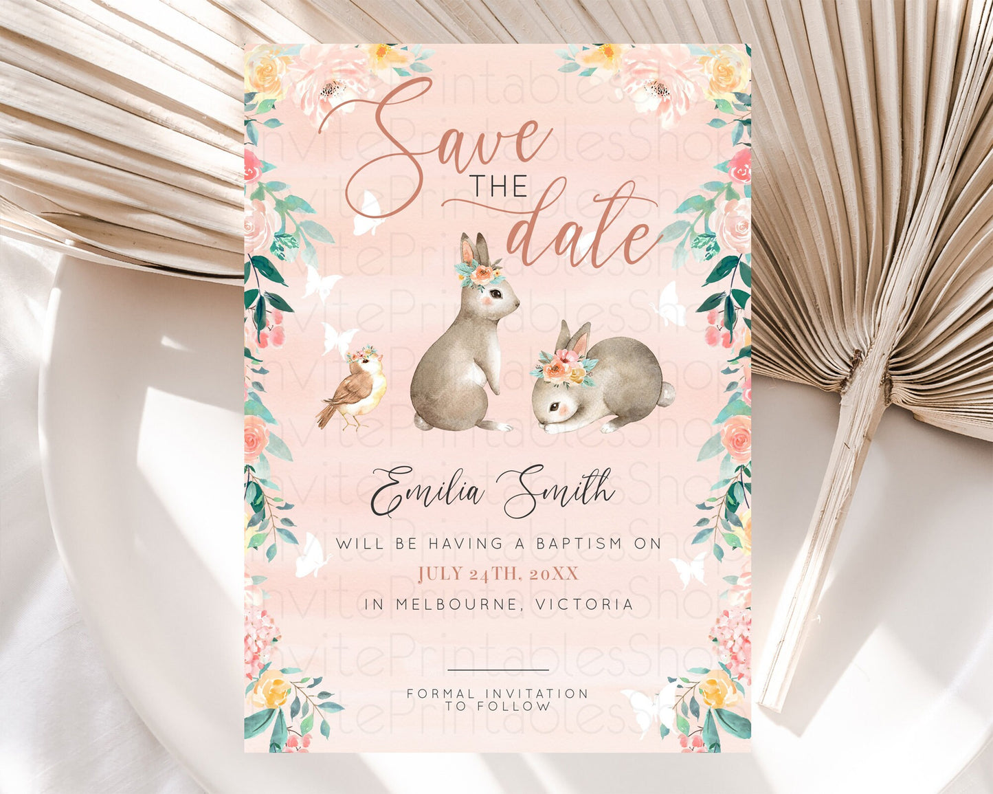 Floral Bunny Save The Date Template Pastel Flowers Forest Bunny Secret Garden Some Bunny Party 1st Birthday Baby Shower Baptism D10922