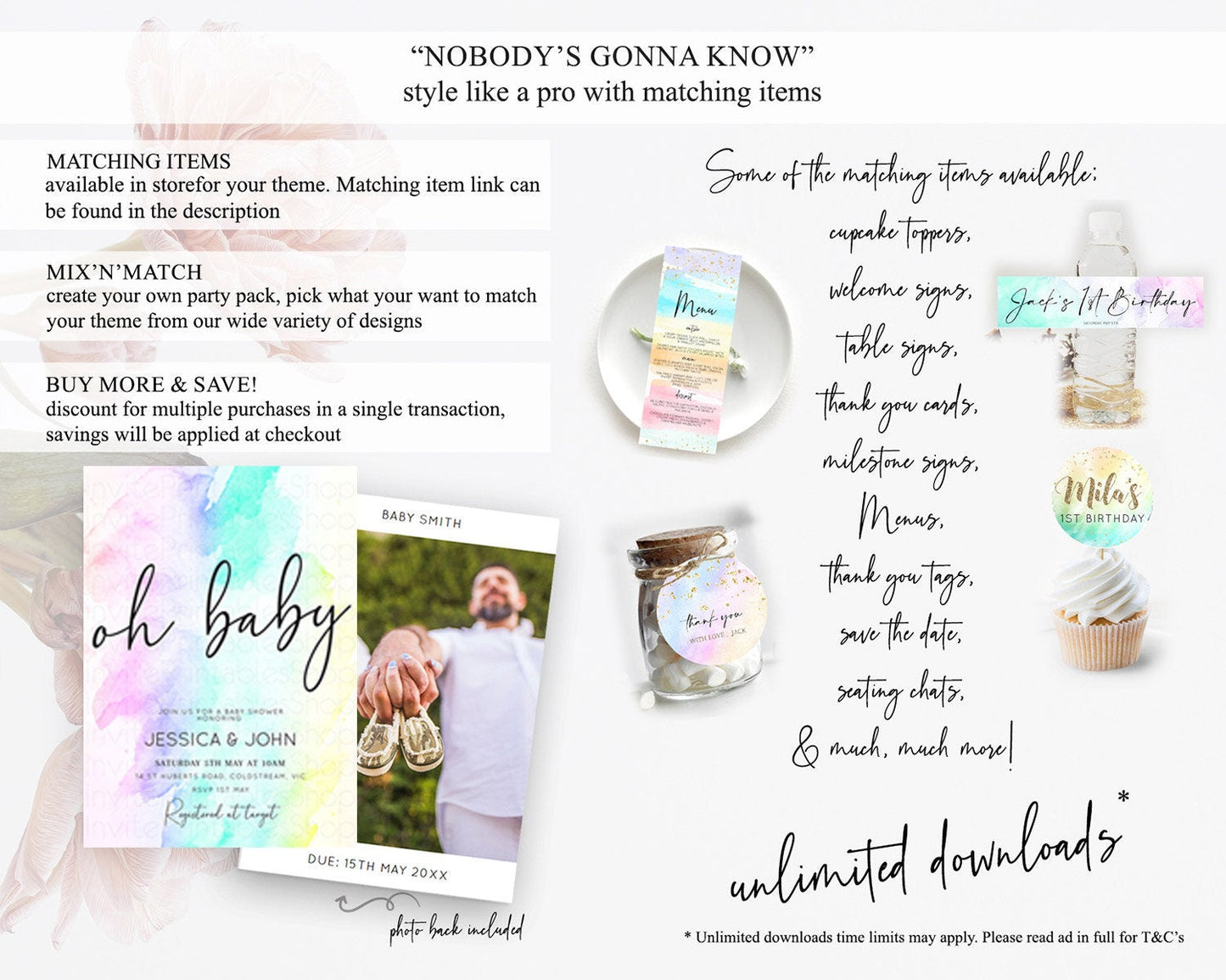 Pastel Rainbow Baby Shower Invitation With Gold Glitter Sprinkles, Colorful Watercolor Ombre Splash in Pink, Teal, and Yellow Theme D10231