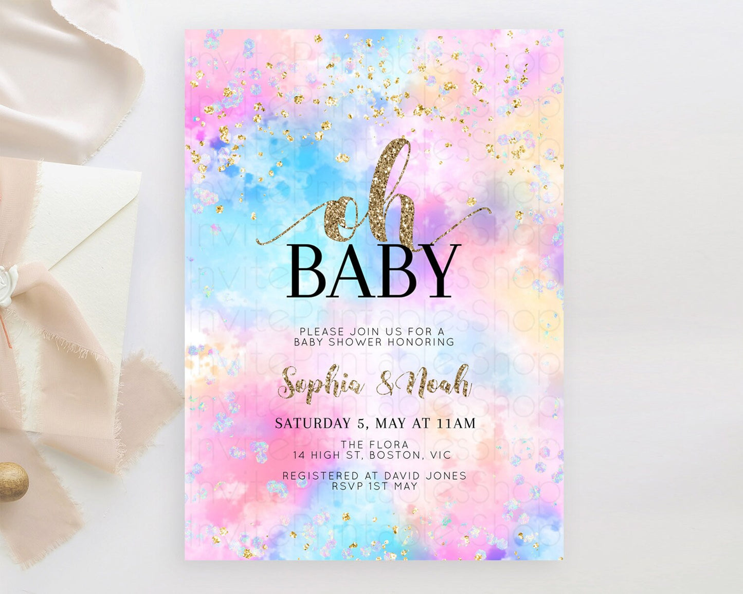 Pastel Baby Shower Invitation Rainbow Baby Shower Invitation Colorful Pastel Watercolor Invitation Gold Glitter Sprinkles Ombre D10608