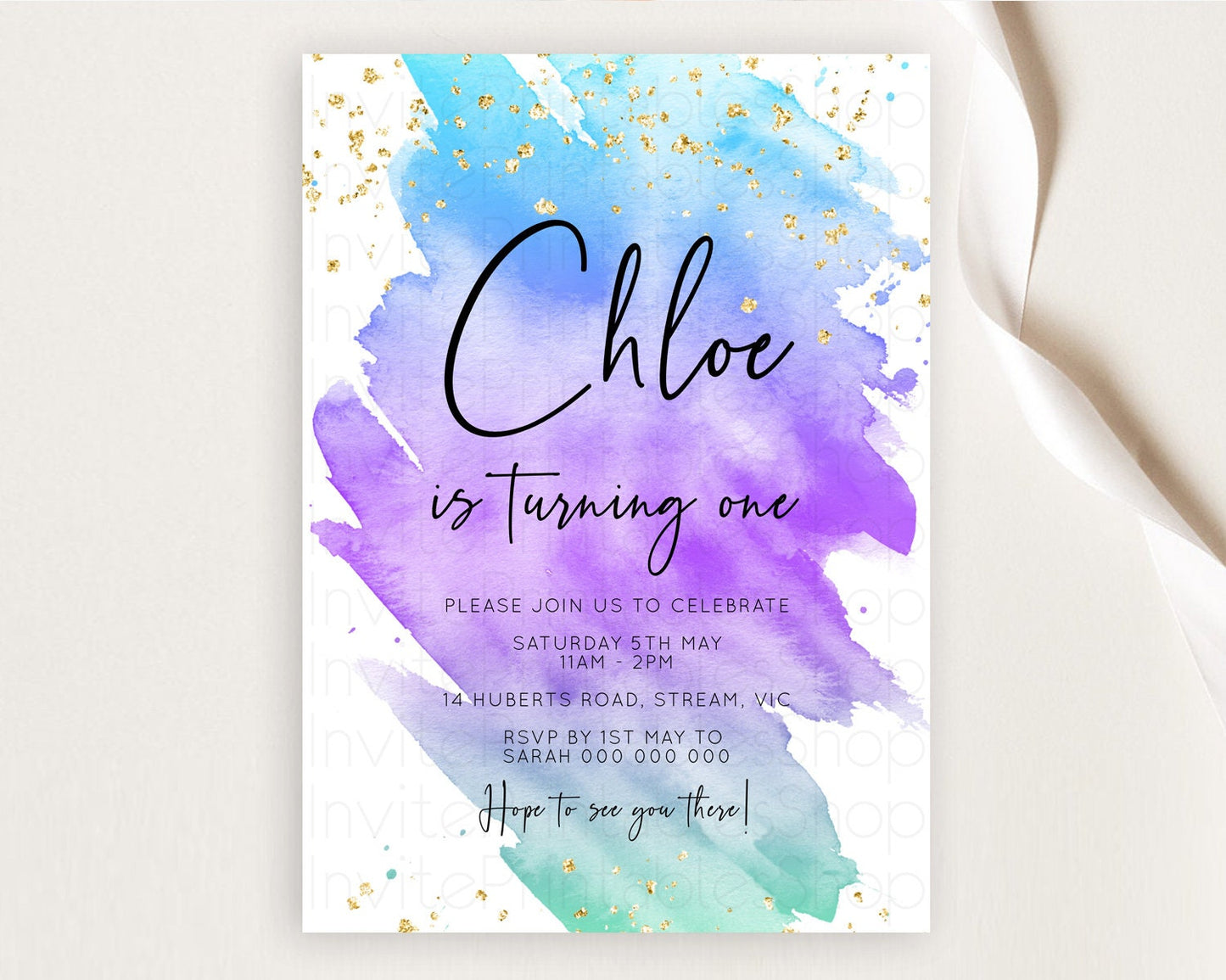 Rainbow Birthday Invitation Colorful Pastel Watercolor Invitation Gold Glitter Sprinkles Ombre Pastel 1st 2nd 3rd Birthday D10491