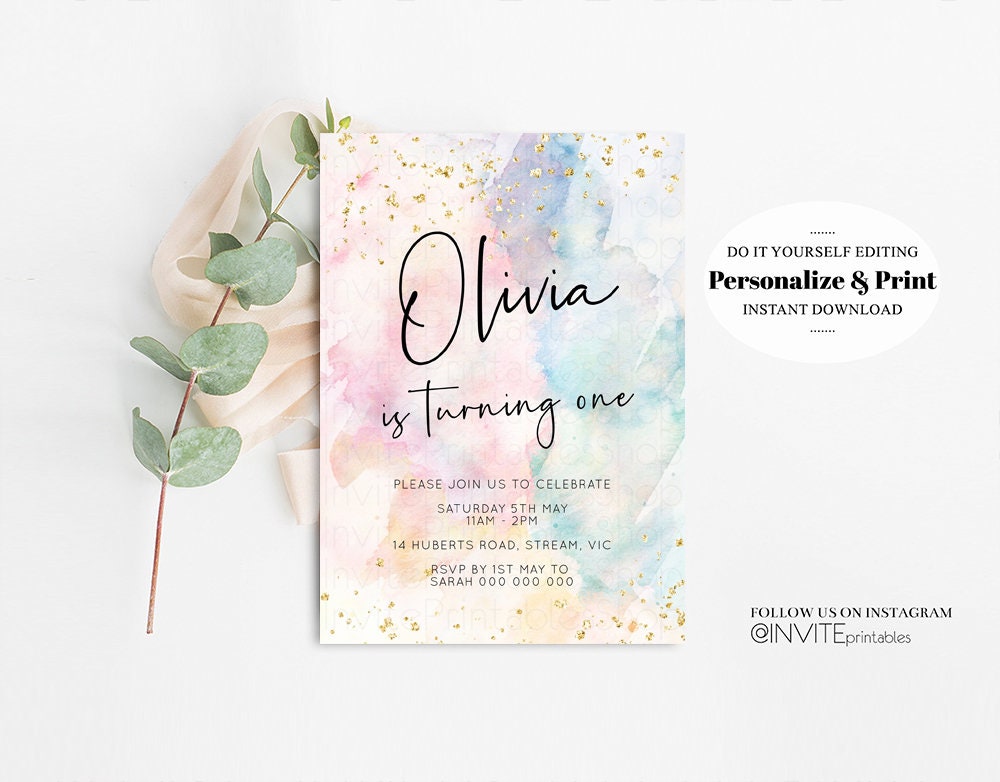 Rainbow Birthday Invitation Colorful Watercolor Gold Glitter Sprinkles Ombre Pastel Invitation 1st 2nd 3rd Printable Editable Invite 276v2